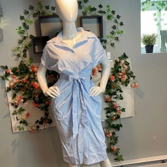 CUPSHE Short Casual Style Pin Stripe Button Down Light Blue Dress Size M - Picture 4 of 11